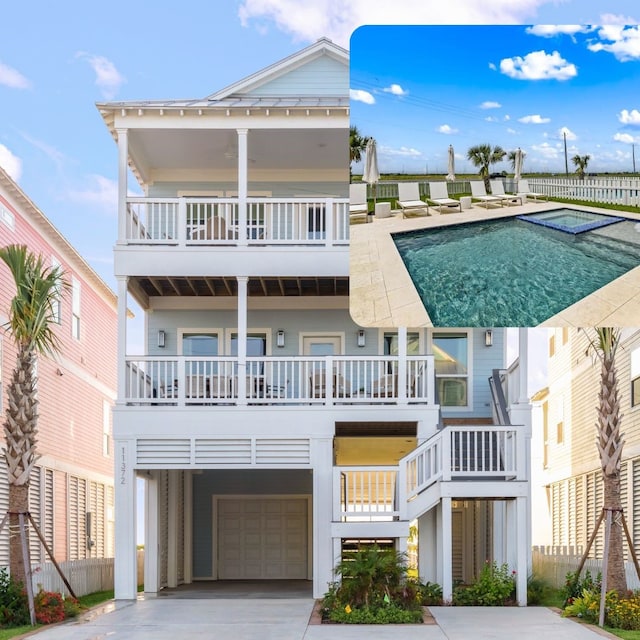 beach home featuring a garage and a fenced in pool