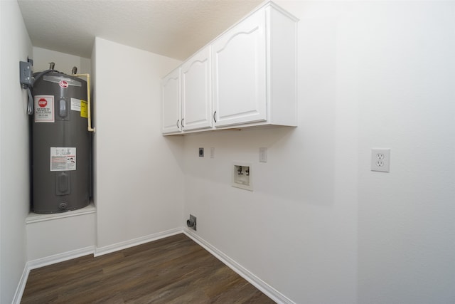 clothes washing area featuring cabinets, hookup for an electric dryer, electric water heater, dark wood-type flooring, and hookup for a washing machine