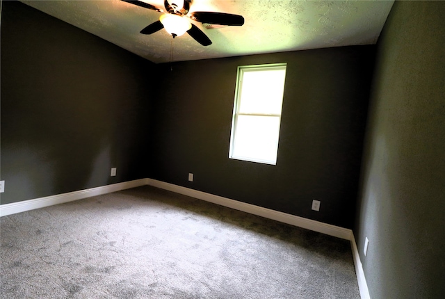 spare room featuring ceiling fan, carpet, and a textured ceiling