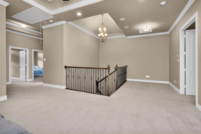 hall featuring light colored carpet and crown molding