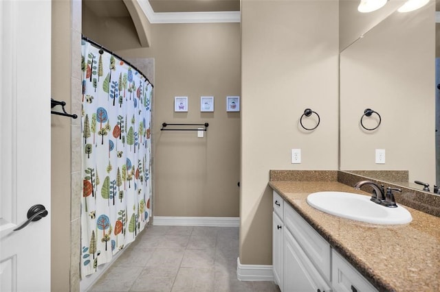 bathroom featuring curtained shower, crown molding, tile patterned floors, and vanity