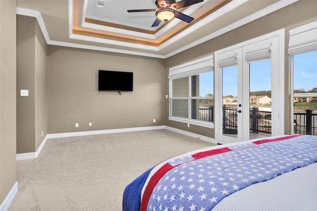 bedroom featuring crown molding, access to exterior, carpet flooring, and ceiling fan