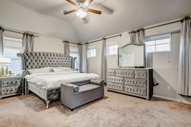 bedroom with carpet, ceiling fan, and lofted ceiling