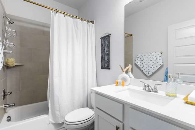 full bathroom featuring vanity, toilet, and shower / bathtub combination with curtain