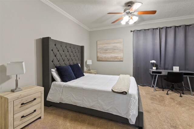 bedroom featuring light carpet, a textured ceiling, ceiling fan, and crown molding