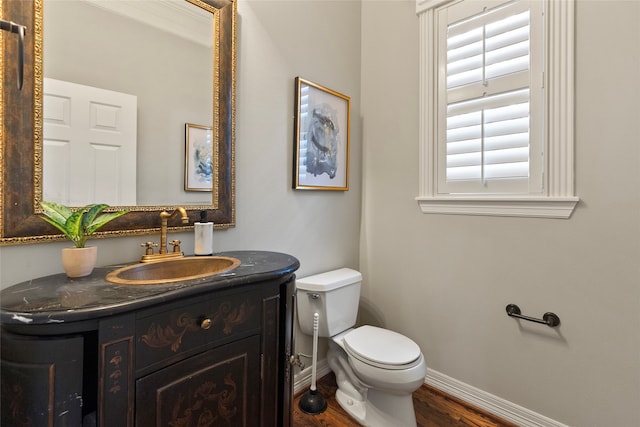 bathroom featuring vanity, toilet, and hardwood / wood-style flooring