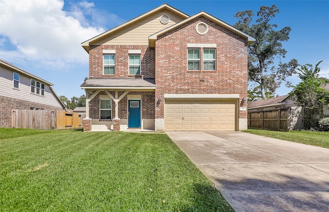 view of property featuring a front lawn and a garage