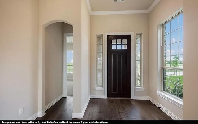 entrance foyer featuring crown molding and dark wood-type flooring