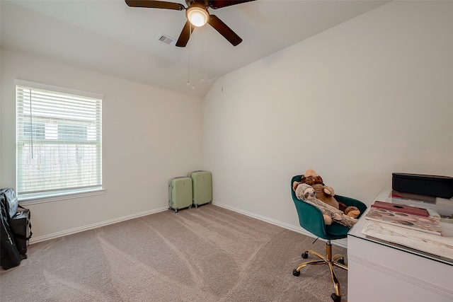 office with ceiling fan, light colored carpet, and vaulted ceiling