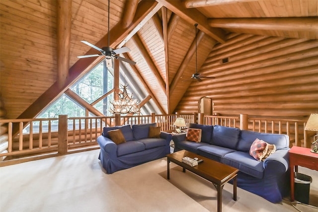 living room with beamed ceiling, ceiling fan with notable chandelier, wooden ceiling, and log walls