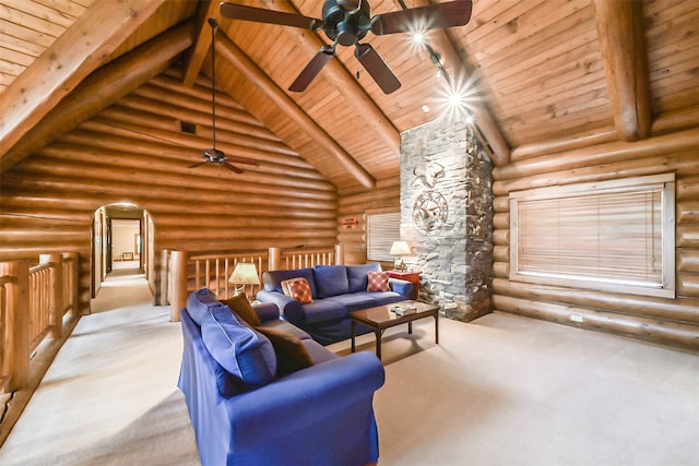 carpeted living room featuring beam ceiling, wood ceiling, log walls, and high vaulted ceiling