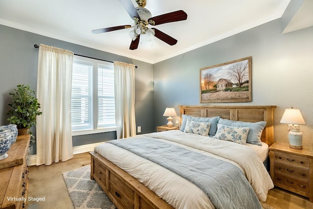 carpeted bedroom with multiple windows, ornamental molding, and ceiling fan