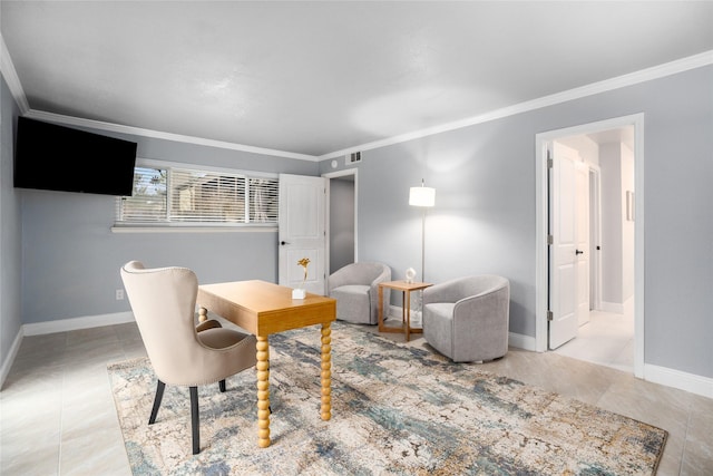 tiled office space with crown molding