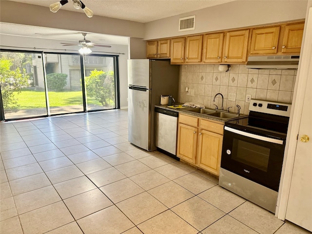 kitchen with a wealth of natural light, backsplash, stainless steel appliances, and ceiling fan