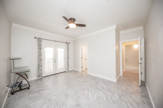 interior space with a textured ceiling, ornamental molding, ceiling fan, and french doors