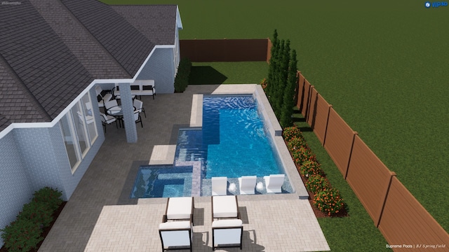 view of swimming pool featuring a patio area and an in ground hot tub