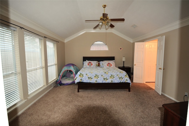 carpeted bedroom featuring ceiling fan, lofted ceiling, and crown molding