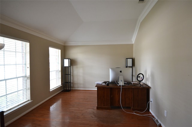 office space featuring ornamental molding, a wealth of natural light, vaulted ceiling, and dark wood-type flooring