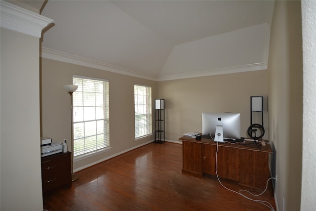 home office featuring ornamental molding, lofted ceiling, and dark wood-type flooring