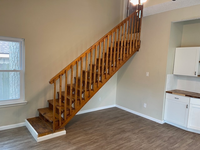 staircase with hardwood / wood-style floors