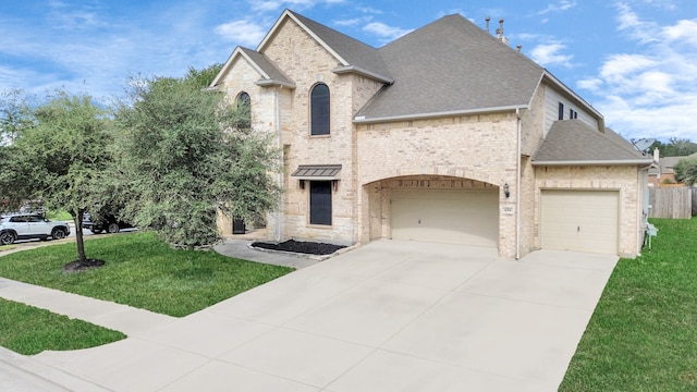 french provincial home with a front lawn and a garage