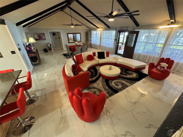 living room with lofted ceiling with beams and ceiling fan