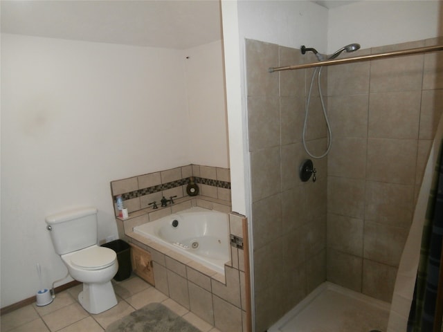 bathroom with independent shower and bath, tile patterned flooring, and toilet