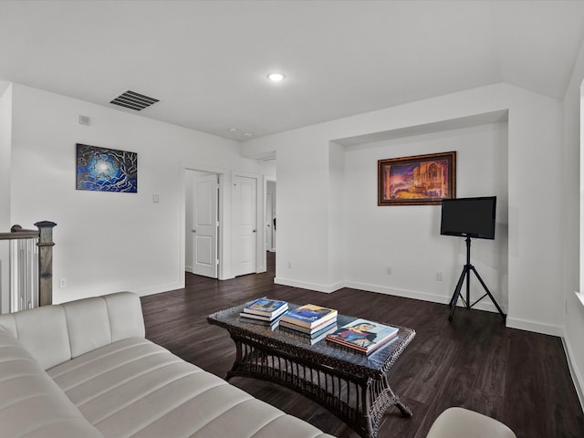 living room featuring dark wood-type flooring