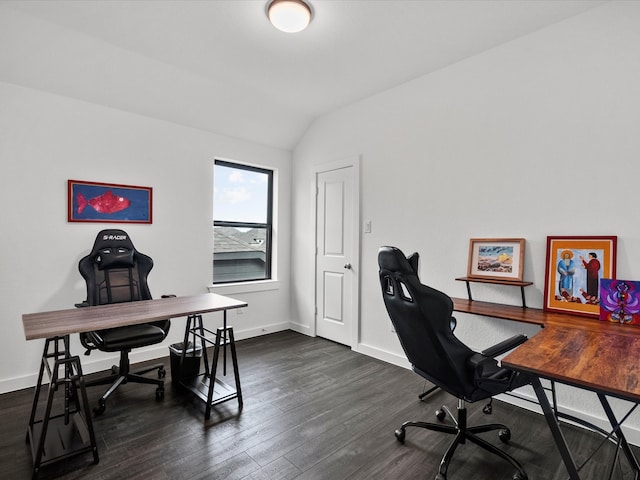 office featuring dark wood-type flooring and lofted ceiling