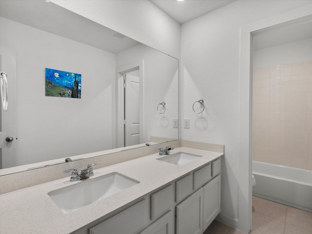 full bathroom featuring shower / washtub combination, tile patterned flooring, vanity, and toilet