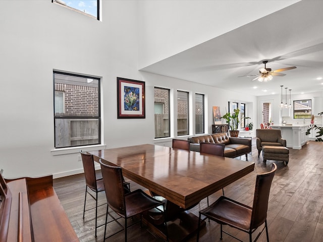 dining room featuring dark wood-type flooring and ceiling fan