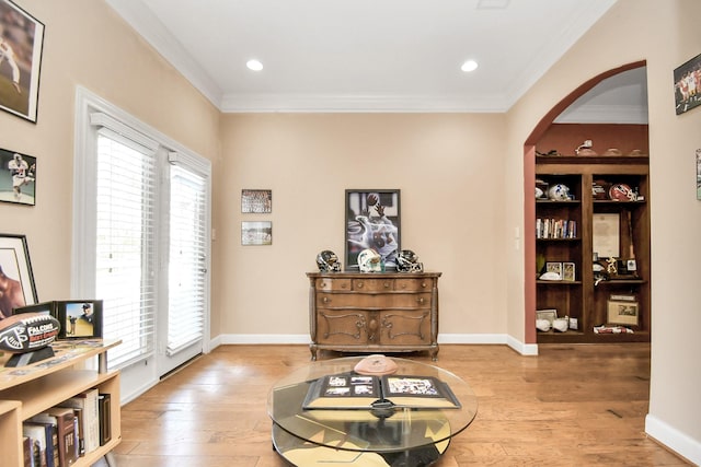 15 Bees Creek Ct, Missouri City, TX 77459 - sitting room with ornamental molding, arched walkways, wood finished floors, baseboards, and recessed lighting