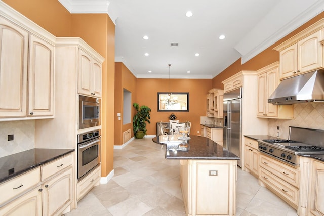 15 Bees Creek Ct, Missouri City, TX 77459 - kitchen with built in appliances, under cabinet range hood, a kitchen island, recessed lighting, and dark stone countertops