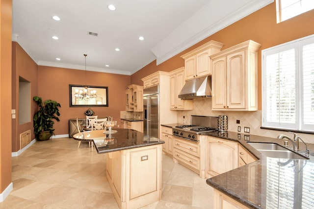 15 Bees Creek Ct, Missouri City, TX 77459 - kitchen featuring under cabinet range hood, a sink, appliances with stainless steel finishes, recessed lighting, and a chandelier