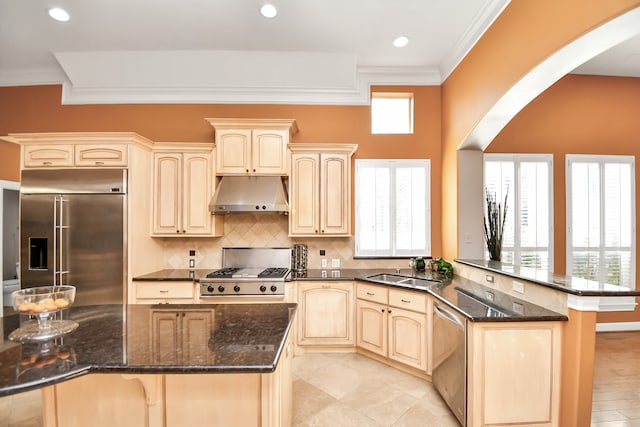 kitchen featuring crown molding, appliances with stainless steel finishes, kitchen peninsula, and dark stone countertops