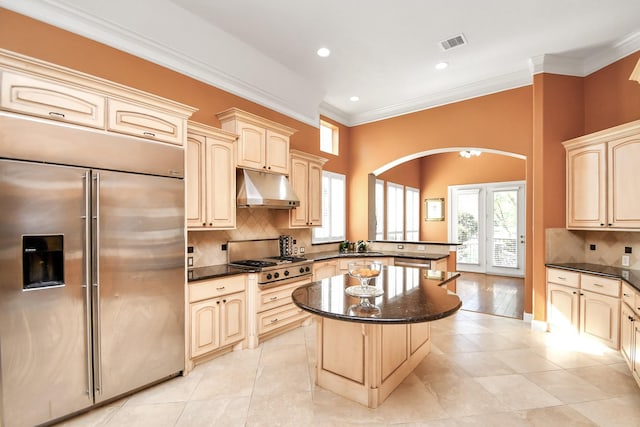 15 Bees Creek Ct, Missouri City, TX 77459 - kitchen featuring appliances with stainless steel finishes, under cabinet range hood, plenty of natural light, a peninsula, and ornamental molding