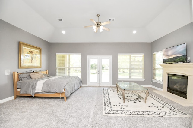 bedroom with french doors, light carpet, access to outside, and ceiling fan