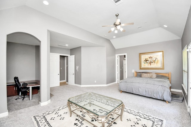 15 Bees Creek Ct, Missouri City, TX 77459 - carpeted bedroom featuring lofted ceiling, a desk, recessed lighting, baseboards, and arched walkways