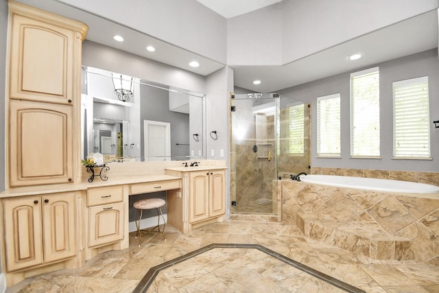 15 Bees Creek Ct, Missouri City, TX 77459 - full bathroom with recessed lighting, a garden tub, vanity, a shower stall, and marble tiled floors