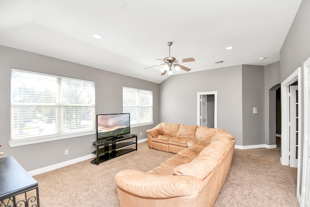 15 Bees Creek Ct, Missouri City, TX 77459 - living area featuring light carpet, a ceiling fan, baseboards, and recessed lighting
