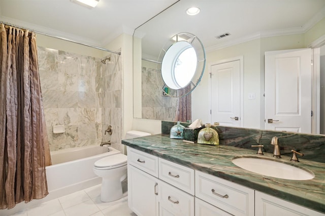 full bathroom with crown molding, tile patterned flooring, vanity, shower / bath combination with curtain, and toilet