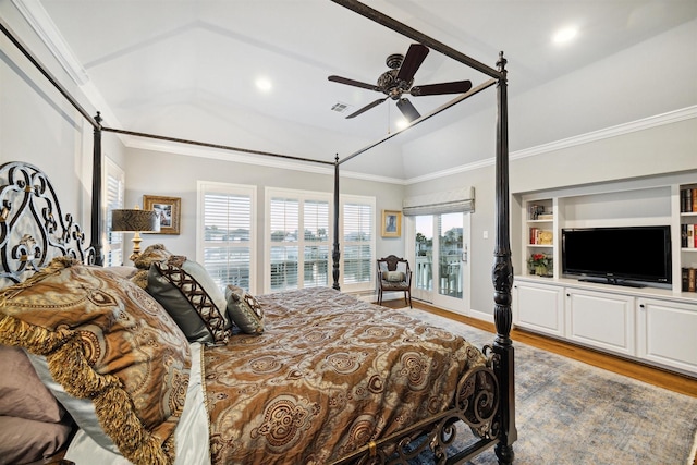 bedroom with crown molding, vaulted ceiling, light hardwood / wood-style flooring, access to outside, and ceiling fan