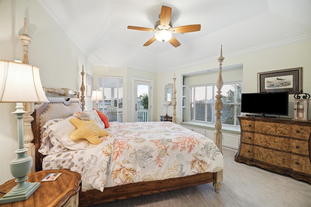 bedroom with crown molding, ceiling fan, and access to outside