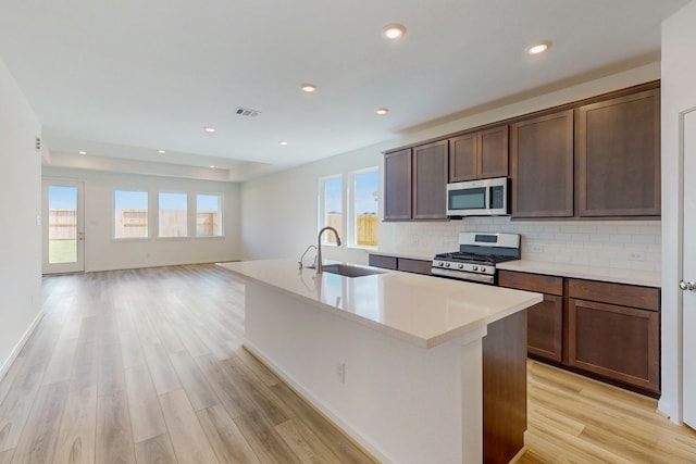 kitchen with appliances with stainless steel finishes, a kitchen island with sink, sink, and a wealth of natural light