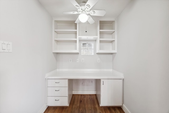 unfurnished office with built in desk, ceiling fan, and dark wood-type flooring