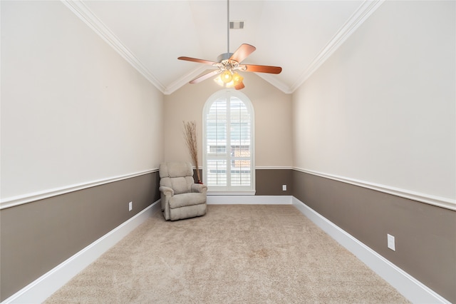 unfurnished room with vaulted ceiling, ceiling fan, and crown molding