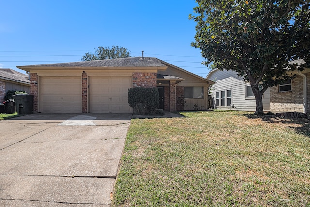 ranch-style home with a garage and a front lawn