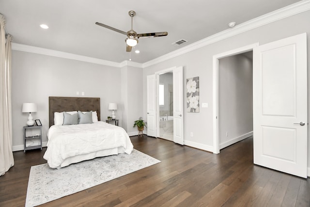 bedroom featuring connected bathroom, crown molding, dark wood-type flooring, and ceiling fan