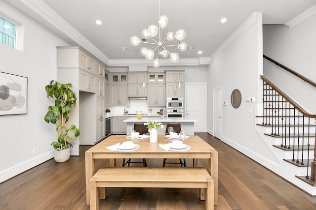 dining room with a notable chandelier, crown molding, beverage cooler, and dark hardwood / wood-style floors