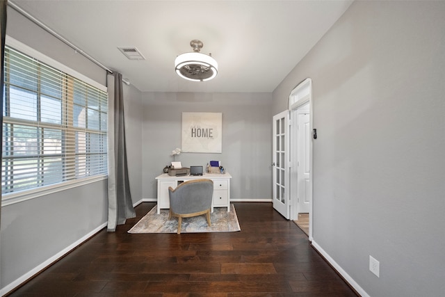 office area with dark hardwood / wood-style floors